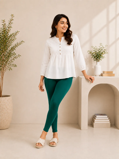 Bottle Green Cotton Lycra Ankle-Length Women’s Leggings – 4-Way Stretch