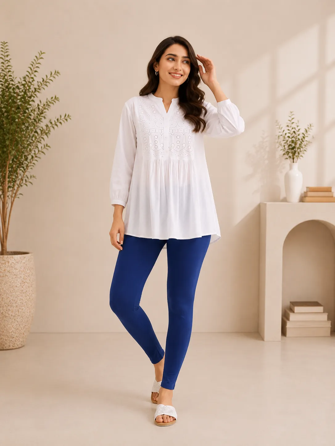 Indigo Blue Cotton Lycra Ankle-Length Women’s Leggings – 4-Way Stretch