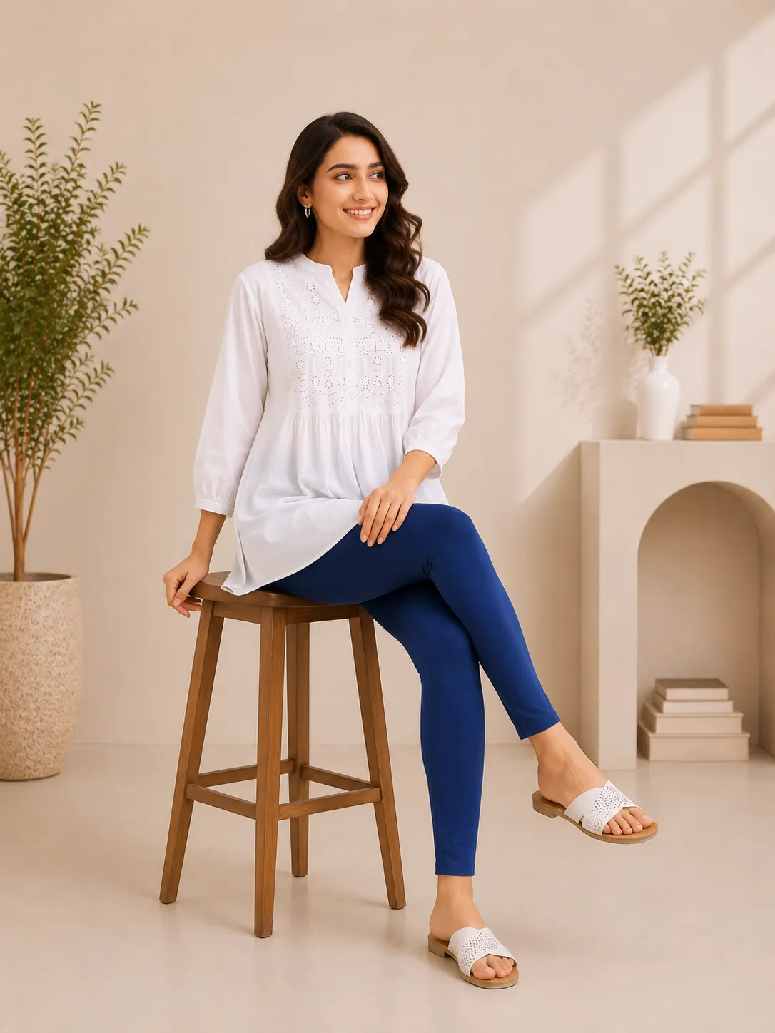 Indigo Blue Cotton Lycra Ankle-Length Women’s Leggings – 4-Way Stretch