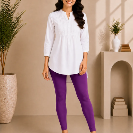 Purple Cotton Lycra Ankle-Length Women’s Leggings – 4-Way Stretch