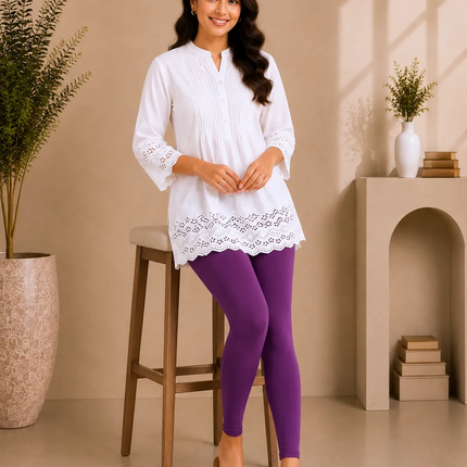 Purple Cotton Lycra Ankle-Length Women’s Leggings – 4-Way Stretch
