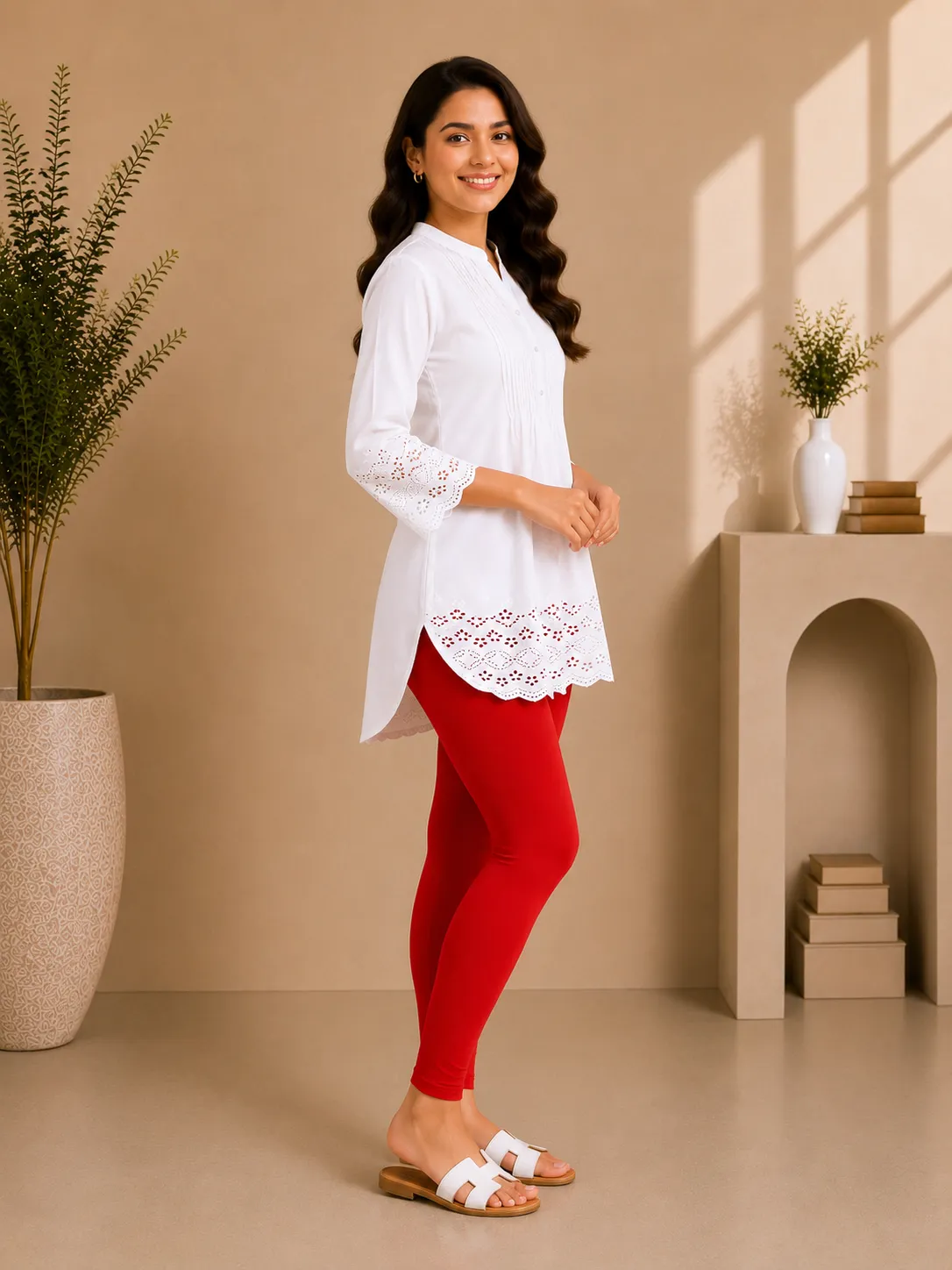 Red Cotton Lycra Ankle-Length Women’s Leggings – 4-Way Stretch