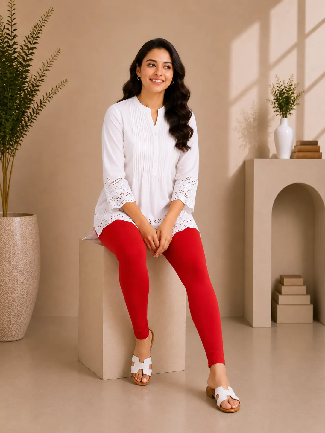 Red Cotton Lycra Ankle-Length Women’s Leggings – 4-Way Stretch