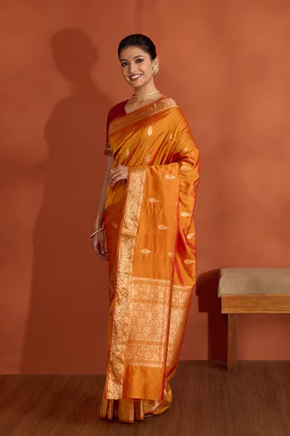 Orange Silk Viscose Kadwa Banaras Inspired Design Saree