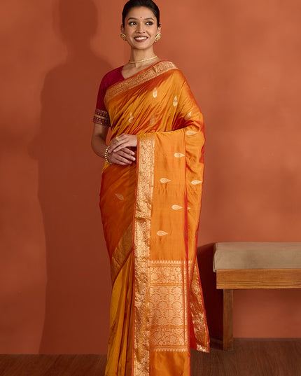 Orange Silk Viscose Kadwa Banaras Inspired Design Saree