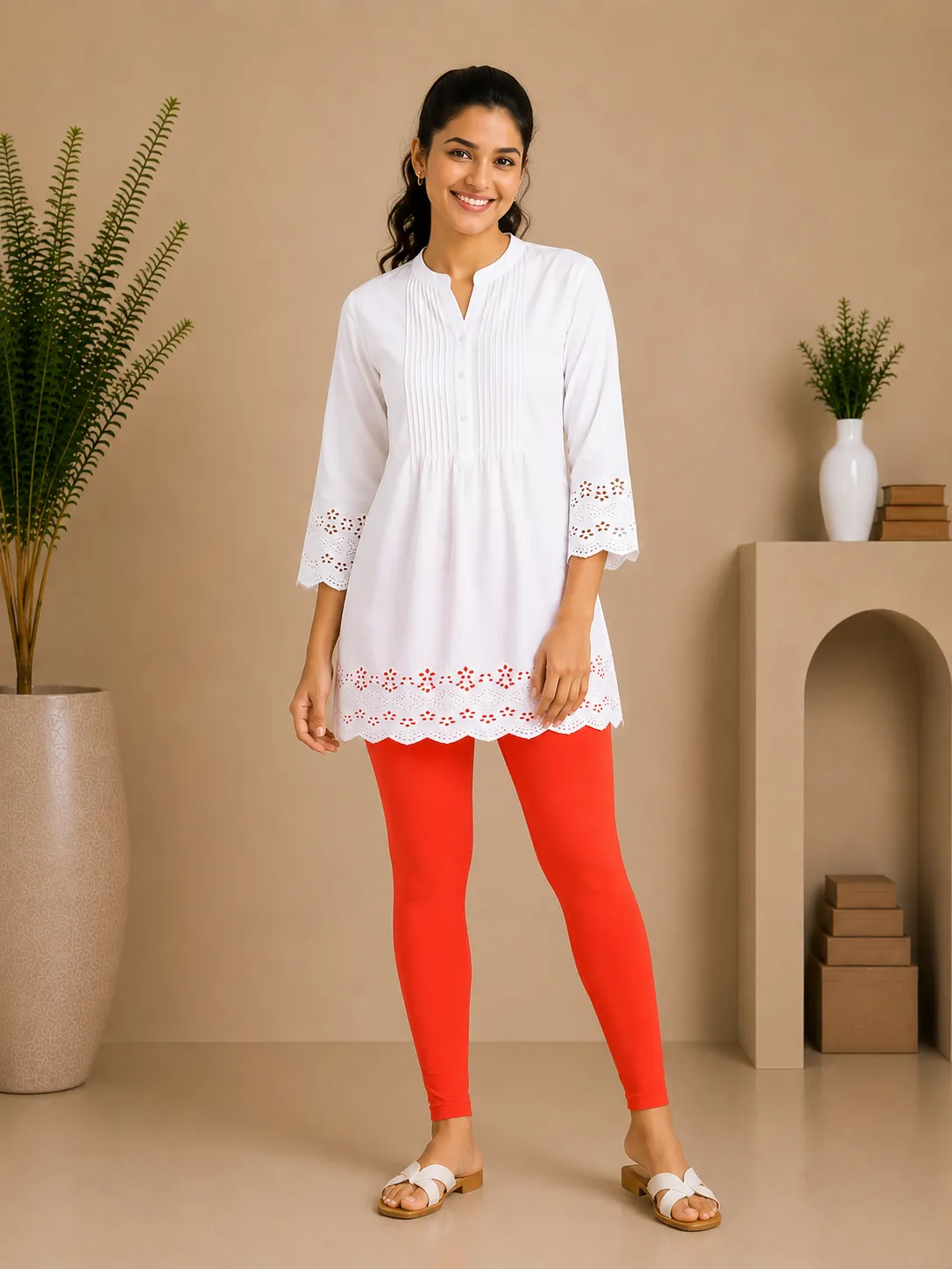 Tomato Red Cotton Lycra Ankle-Length Women’s Leggings – 4-Way Stretch