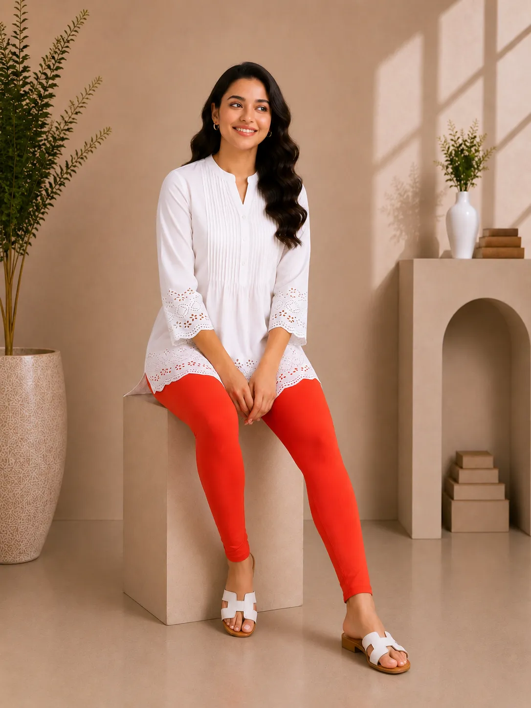 Tomato Red Cotton Lycra Ankle-Length Women’s Leggings – 4-Way Stretch