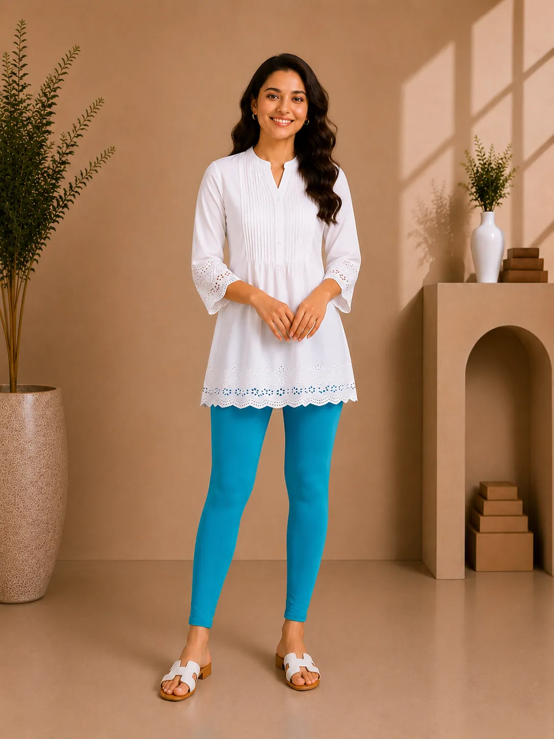 Turquoise Cotton Lycra Ankle-Length Women’s Leggings – 4-Way Stretch