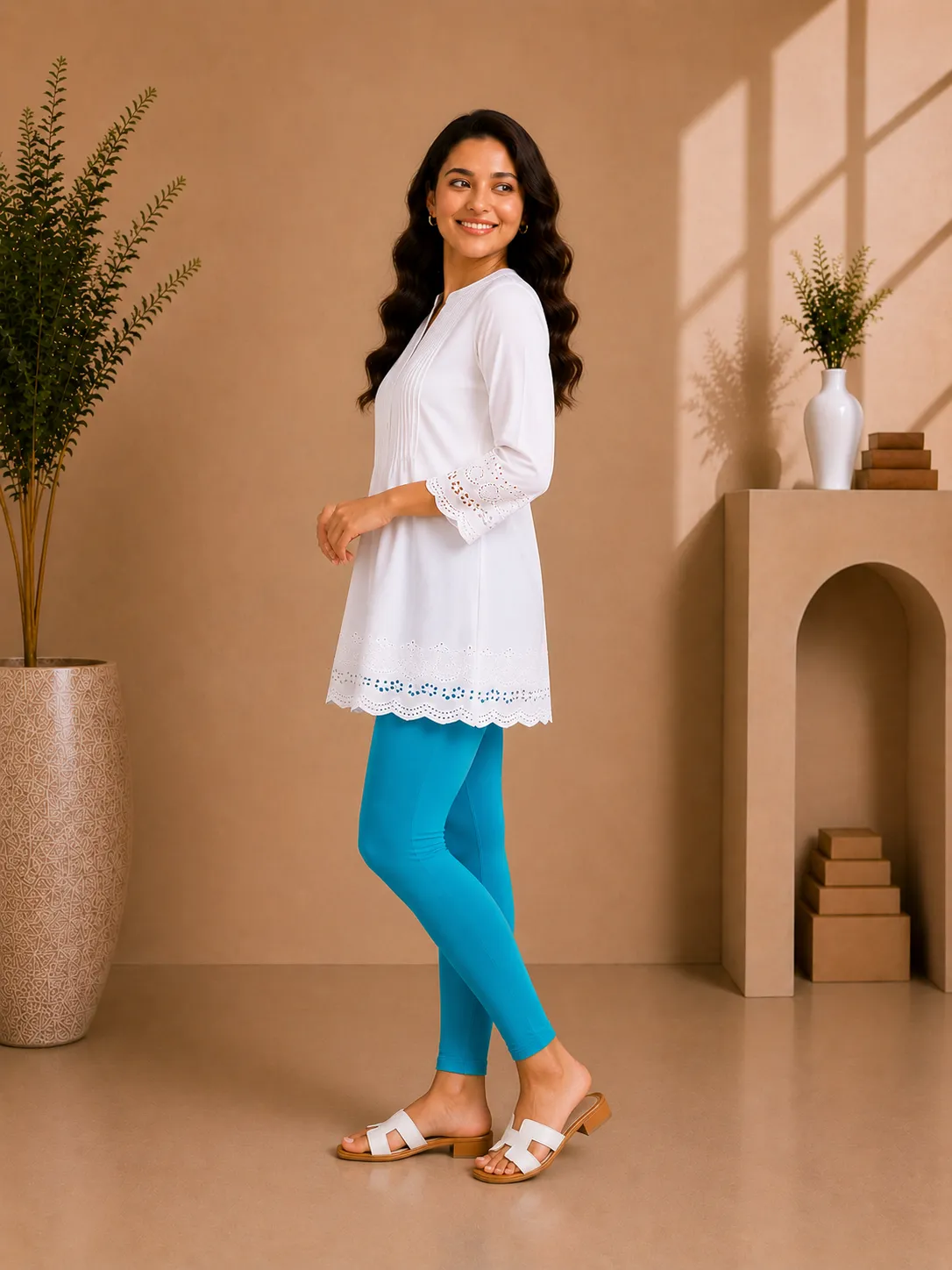 Turquoise Cotton Lycra Ankle-Length Women’s Leggings – 4-Way Stretch